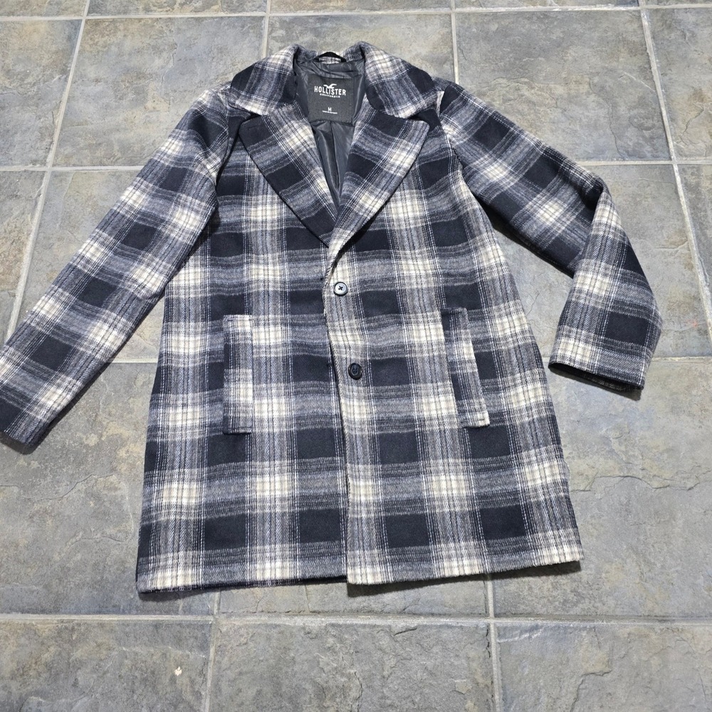 Hollister Plaid Coat Women Medium Black Grey Check Button Front Mid Length